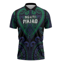 Custom Aotearoa Ngati Pikiao Zipper Polo Shirt Maori Tribal Pattern LT05 Green - Polynesian Pride