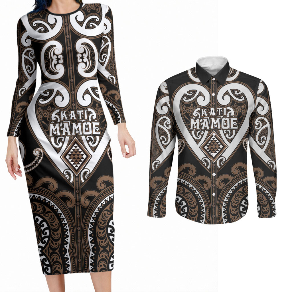 Custom Aotearoa Kati Mamoe Couples Matching Long Sleeve Bodycon Dress and Long Sleeve Button Shirt Maori Tribal Pattern LT05 Brown - Polynesian Pride