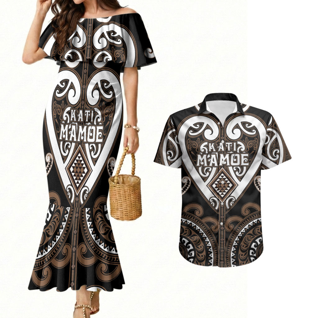 Custom Aotearoa Kati Mamoe Couples Matching Mermaid Dress and Hawaiian Shirt Maori Tribal Pattern LT05 Brown - Polynesian Pride