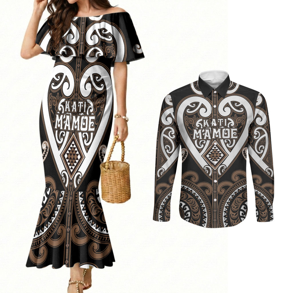 Custom Aotearoa Kati Mamoe Couples Matching Mermaid Dress and Long Sleeve Button Shirt Maori Tribal Pattern LT05 Brown - Polynesian Pride