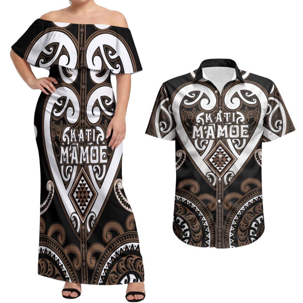 Custom Aotearoa Kati Mamoe Couples Matching Off Shoulder Maxi Dress and Hawaiian Shirt Maori Tribal Pattern LT05 Brown - Polynesian Pride