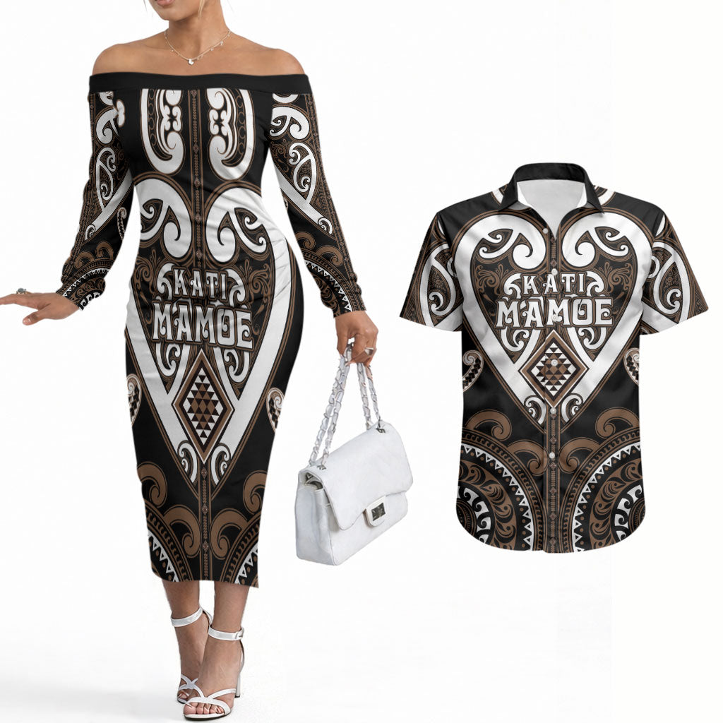 Custom Aotearoa Kati Mamoe Couples Matching Off The Shoulder Long Sleeve Dress and Hawaiian Shirt Maori Tribal Pattern LT05 Brown - Polynesian Pride