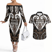 Custom Aotearoa Kati Mamoe Couples Matching Off The Shoulder Long Sleeve Dress and Hawaiian Shirt Maori Tribal Pattern LT05 Brown - Polynesian Pride