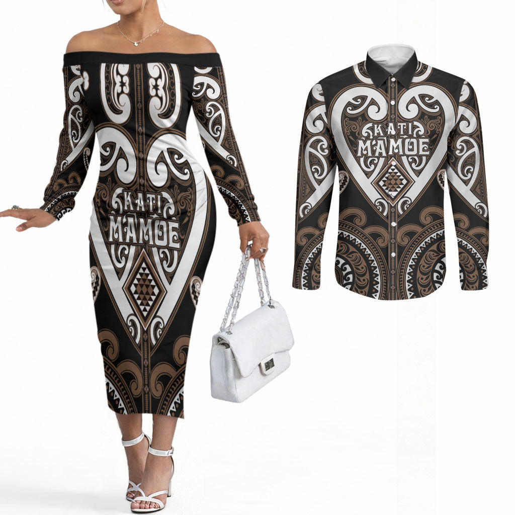 Custom Aotearoa Kati Mamoe Couples Matching Off The Shoulder Long Sleeve Dress and Long Sleeve Button Shirt Maori Tribal Pattern