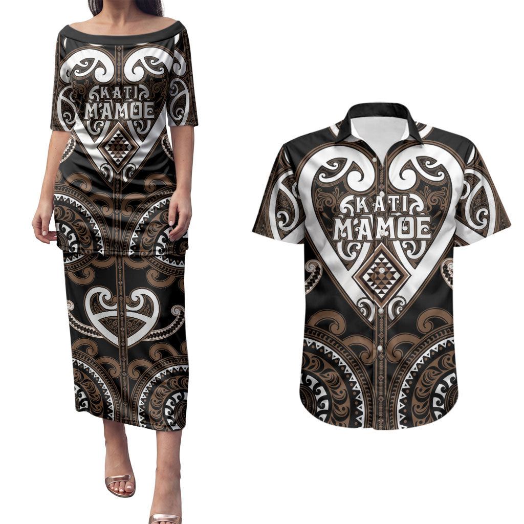 Custom Aotearoa Kati Mamoe Couples Matching Puletasi and Hawaiian Shirt Maori Tribal Pattern LT05 Brown - Polynesian Pride
