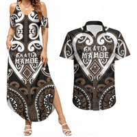 Custom Aotearoa Kati Mamoe Couples Matching Summer Maxi Dress and Hawaiian Shirt Maori Tribal Pattern LT05 Brown - Polynesian Pride