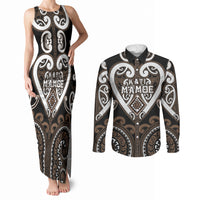 Custom Aotearoa Kati Mamoe Couples Matching Tank Maxi Dress and Long Sleeve Button Shirt Maori Tribal Pattern LT05 Brown - Polynesian Pride