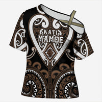 Custom Aotearoa Kati Mamoe Cross Shoulder Shirt Maori Tribal Pattern LT05 Female Brown - Polynesian Pride