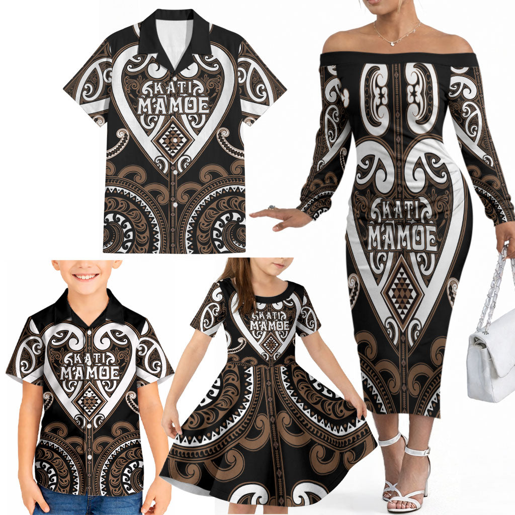 Custom Aotearoa Kati Mamoe Family Matching Off The Shoulder Long Sleeve Dress and Hawaiian Shirt Maori Tribal Pattern LT05 - Polynesian Pride