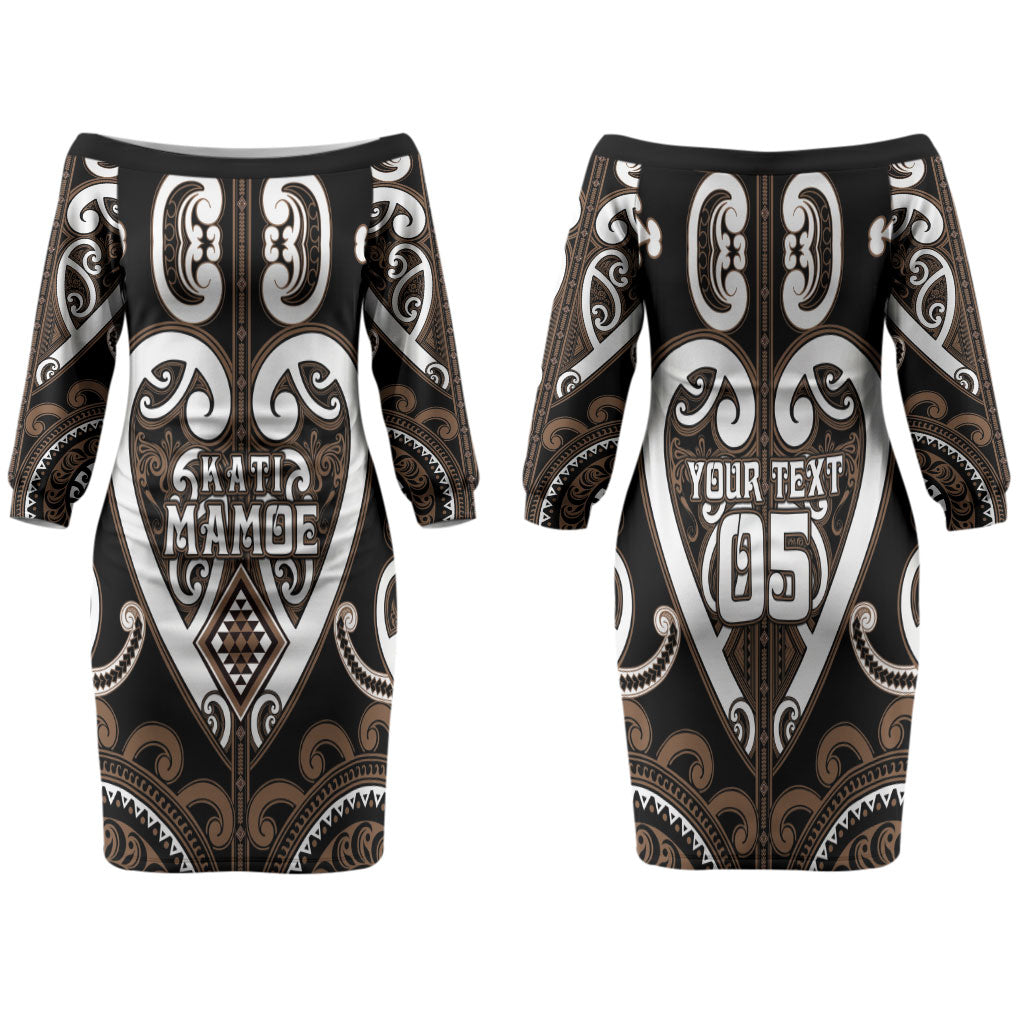 Custom Aotearoa Kati Mamoe Family Matching Off The Shoulder Long Sleeve Dress and Hawaiian Shirt Maori Tribal Pattern LT05 Mom's Dress Brown - Polynesian Pride