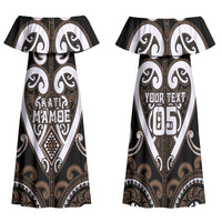 Custom Aotearoa Kati Mamoe Family Matching Off Shoulder Maxi Dress and Hawaiian Shirt Maori Tribal Pattern LT05 Mom's Dress Brown - Polynesian Pride