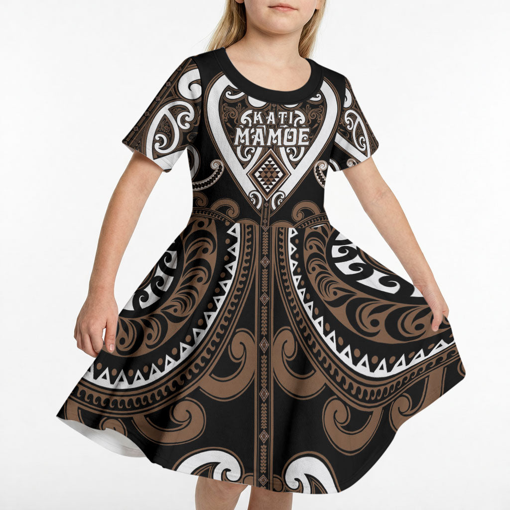 Custom Aotearoa Kati Mamoe Kid Short Sleeve Dress Maori Tribal Pattern LT05 - Polynesian Pride