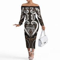 Custom Aotearoa Kati Mamoe Off The Shoulder Long Sleeve Dress Maori Tribal Pattern LT05 Women Brown - Polynesian Pride