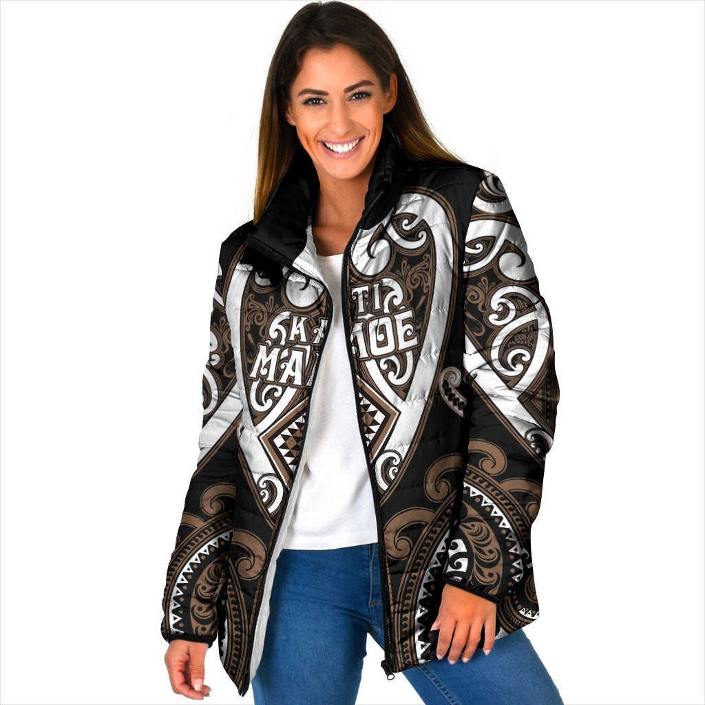 Custom Aotearoa Kati Mamoe Padded Jacket Maori Tribal Pattern LT05 Women Brown - Polynesian Pride