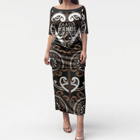 Custom Aotearoa Kati Mamoe Puletasi Maori Tribal Pattern LT05 Long Dress Brown - Polynesian Pride