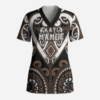 Custom Aotearoa Kati Mamoe Scrub Top Maori Tribal Pattern LT05 Adult Brown - Polynesian Pride