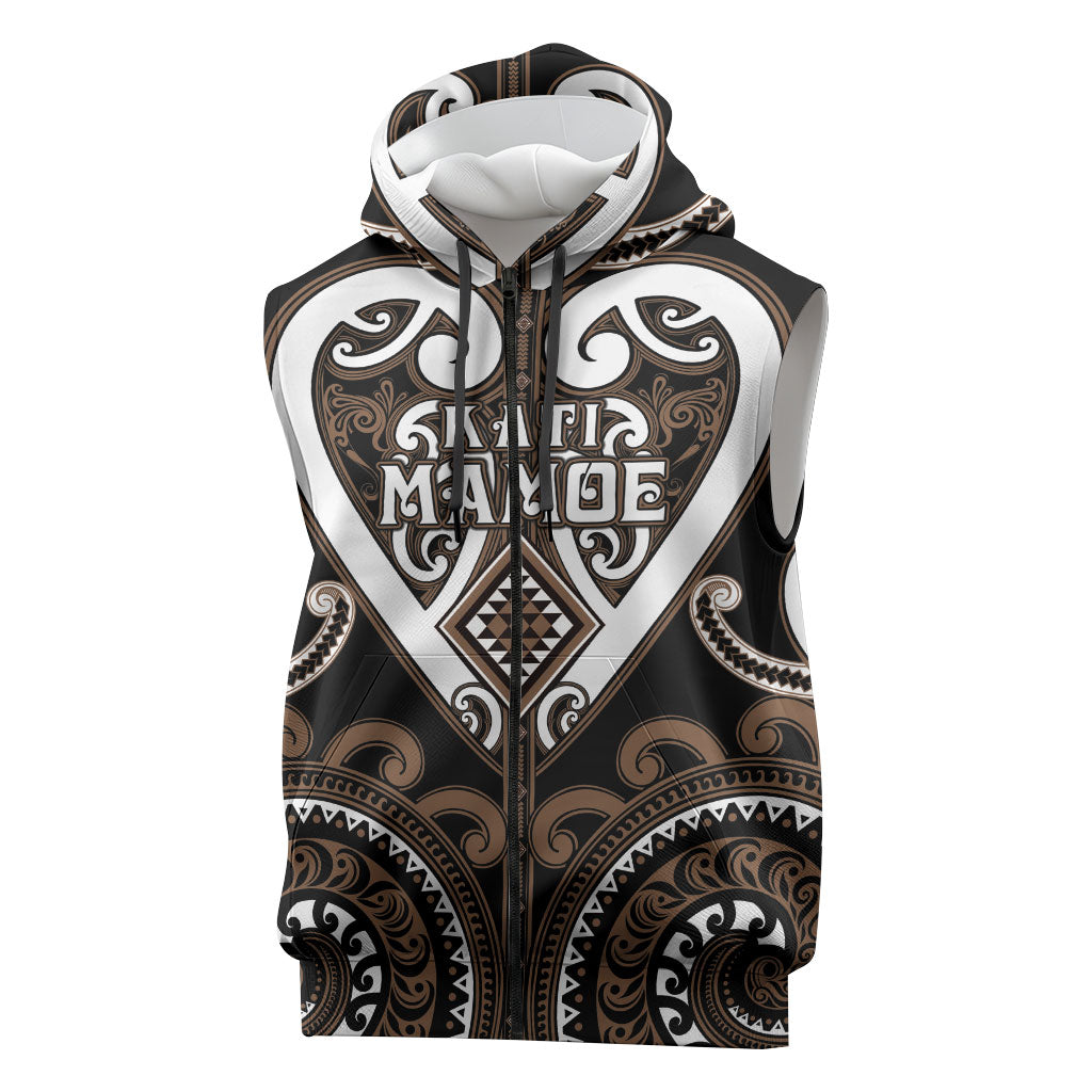 Custom Aotearoa Kati Mamoe Sleeveless Zip Hoodie Maori Tribal Pattern LT05 Brown - Polynesian Pride