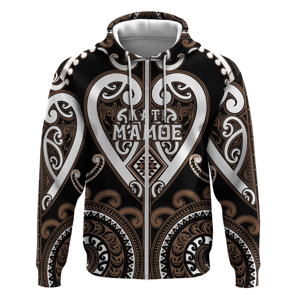 Custom Aotearoa Kati Mamoe Zip Hoodie Maori Tribal Pattern LT05 Zip Hoodie Brown - Polynesian Pride