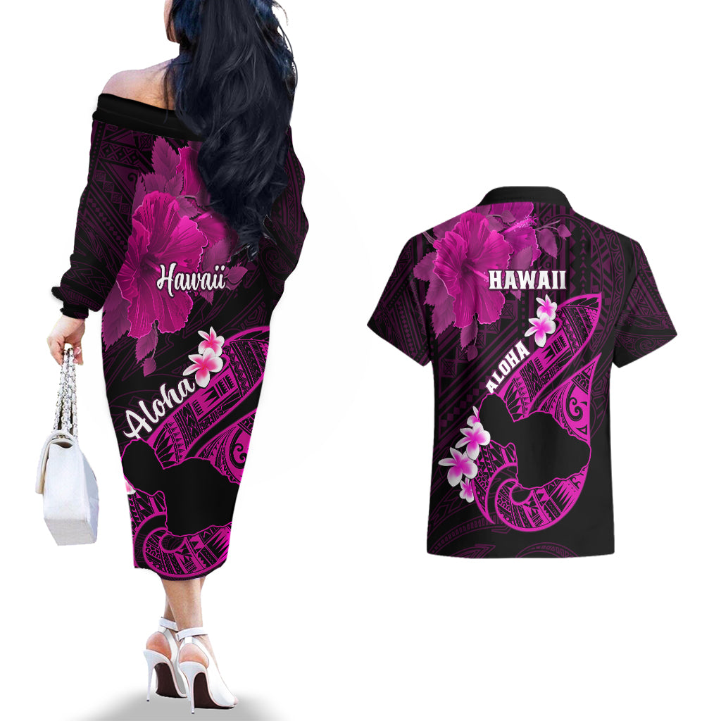 Hawaii Maui Couples Matching Off The Shoulder Long Sleeve Dress and Hawaiian Shirt Polynesian Fish Hook Hibiscus Pink Version LT05 - Polynesian Pride