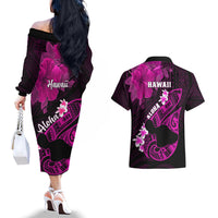 Hawaii Maui Couples Matching Off The Shoulder Long Sleeve Dress and Hawaiian Shirt Polynesian Fish Hook Hibiscus Pink Version LT05 - Polynesian Pride
