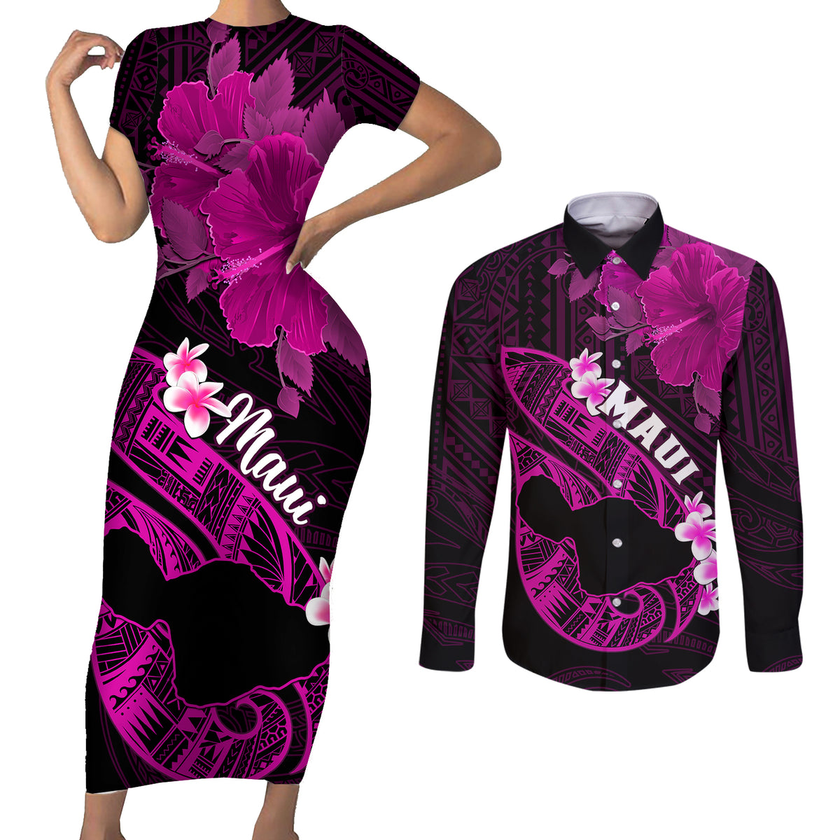 Personalized Hawaii Maui Couples Matching Short Sleeve Bodycon Dress and Long Sleeve Button Shirts Polynesian Fish Hook Hibiscus Pink Version LT05 Pink - Polynesian Pride