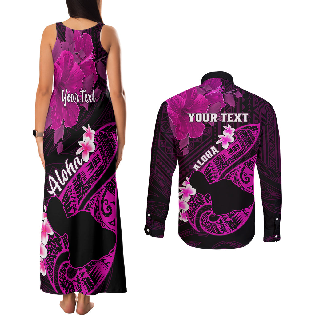 Personalized Hawaii Maui Couples Matching Tank Maxi Dress and Long Sleeve Button Shirts Polynesian Fish Hook Hibiscus Pink Version LT05 - Polynesian Pride