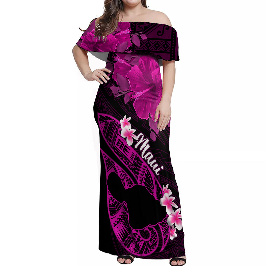 Personalized Hawaii Maui Off Shoulder Maxi Dress Polynesian Fish Hook Hibiscus Pink Version LT05 Women Pink - Polynesian Pride