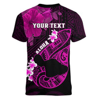 Personalized Hawaii Maui Women V Neck T Shirt Polynesian Fish Hook Hibiscus Pink Version LT05 - Polynesian Pride