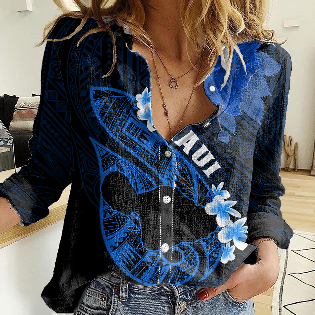 Hawaii Maui Women Casual Shirt Polynesian Fish Hook Hibiscus Blue Version LT05 Female Blue - Polynesian Pride