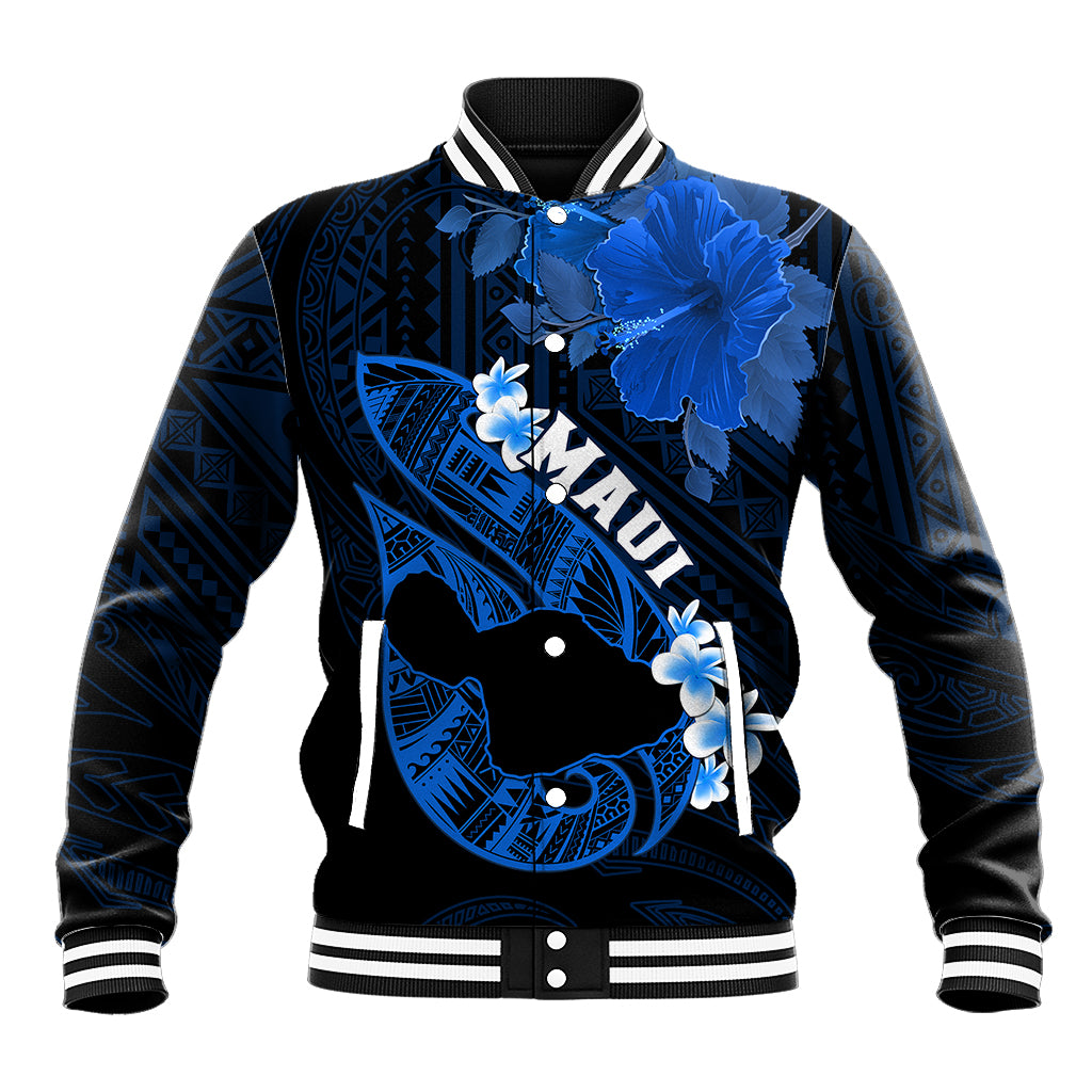 Personalized Hawaii Maui Baseball Jacket Polynesian Fish Hook Hibiscus Blue Version LT05 Unisex Blue - Polynesian Pride