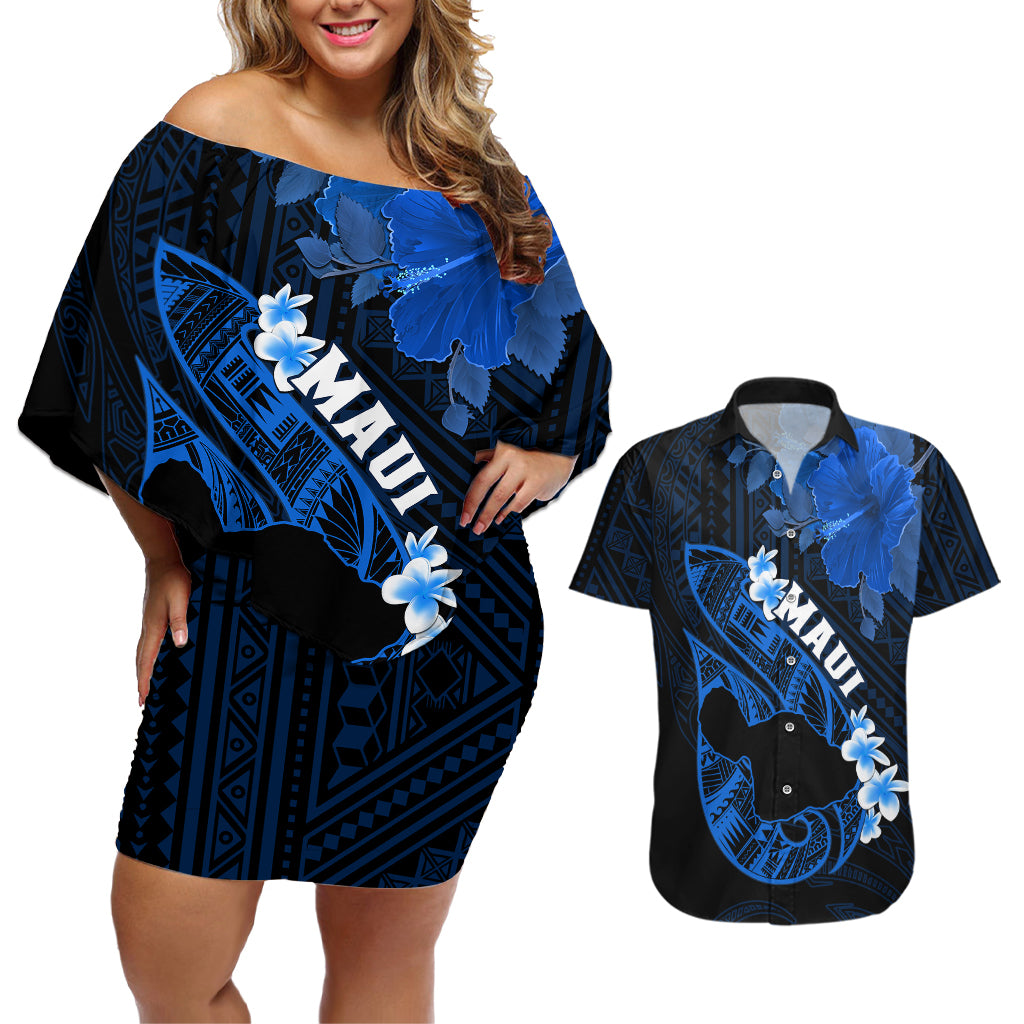 Personalized Hawaii Maui Couples Matching Off Shoulder Short Dress and Hawaiian Shirt Polynesian Fish Hook Hibiscus Blue Version LT05 Blue - Polynesian Pride
