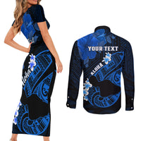 Personalized Hawaii Maui Couples Matching Short Sleeve Bodycon Dress and Long Sleeve Button Shirts Polynesian Fish Hook Hibiscus Blue Version LT05 - Polynesian Pride