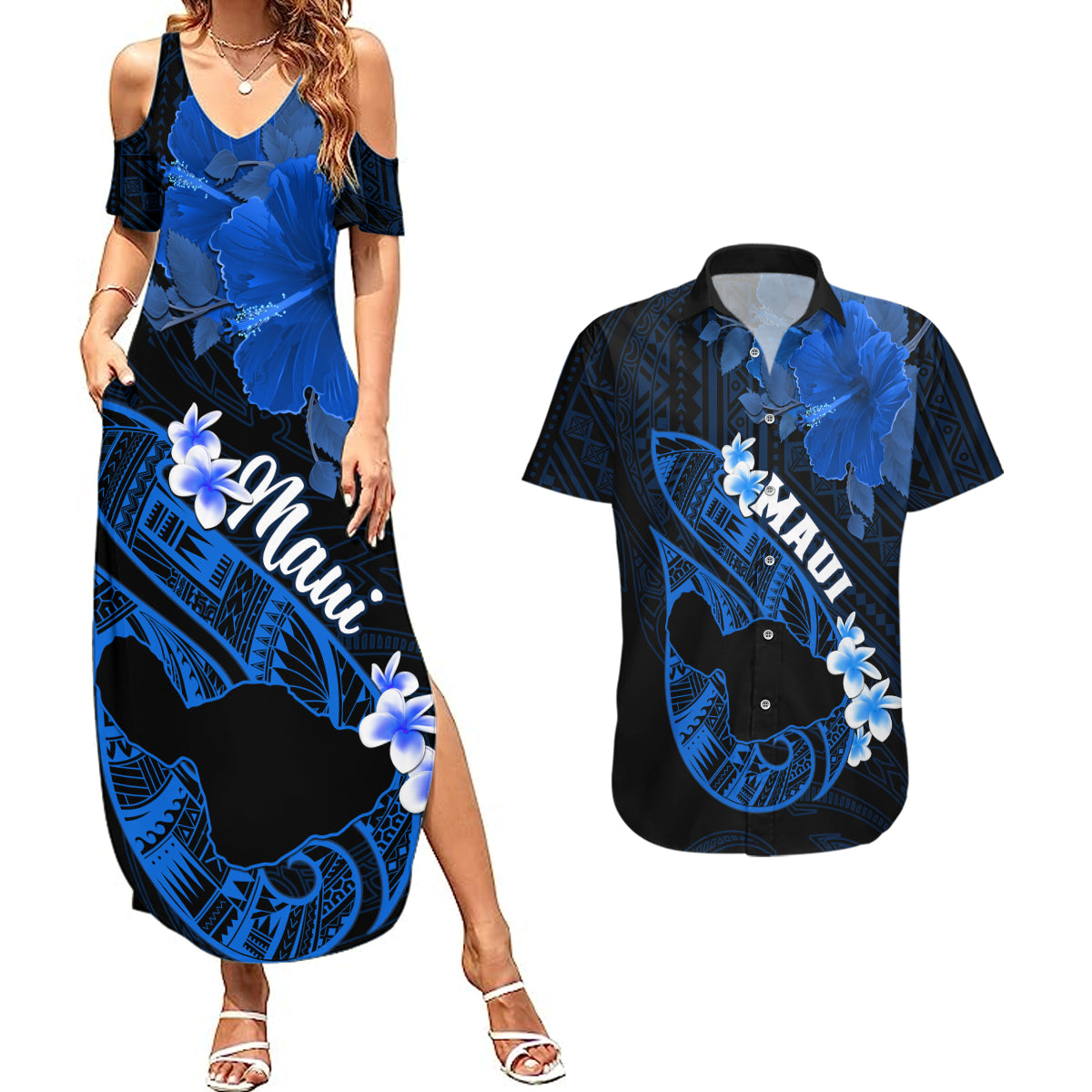 Personalized Hawaii Maui Couples Matching Summer Maxi Dress and Hawaiian Shirt Polynesian Fish Hook Hibiscus Blue Version LT05 Blue - Polynesian Pride
