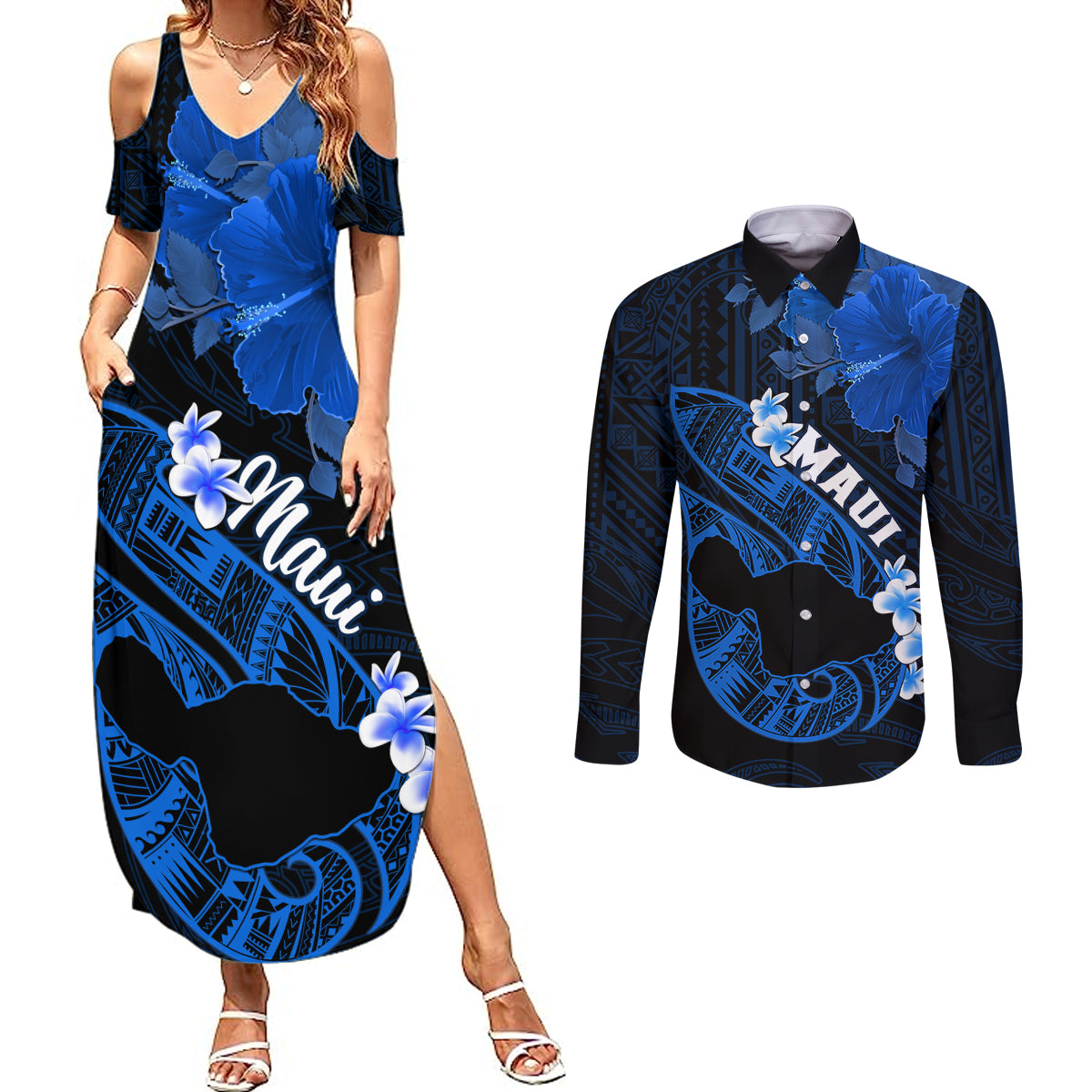 Personalized Hawaii Maui Couples Matching Summer Maxi Dress and Long Sleeve Button Shirts Polynesian Fish Hook Hibiscus Blue Version LT05 Blue - Polynesian Pride