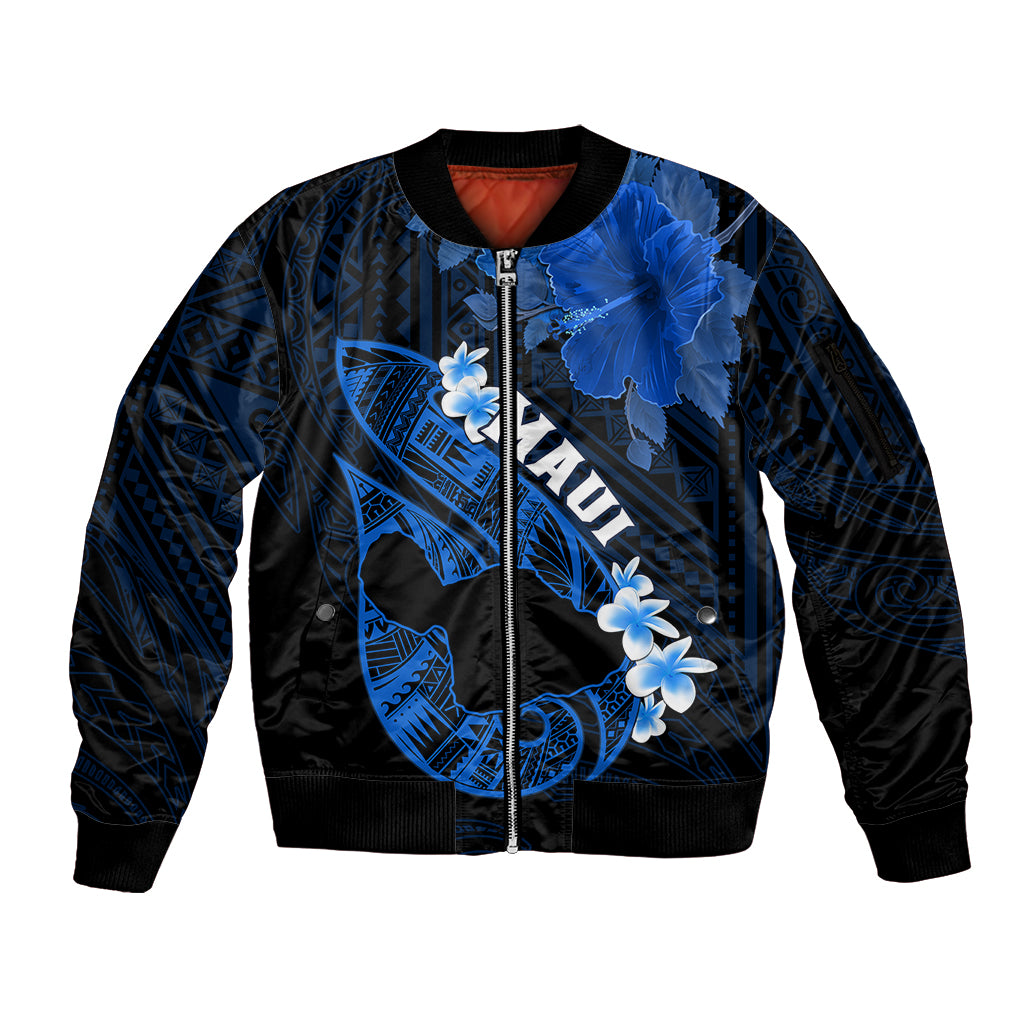 Personalized Hawaii Maui Sleeve Zip Bomber Jacket Polynesian Fish Hook Hibiscus Blue Version LT05 Unisex Blue - Polynesian Pride