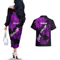 Hawaii Maui Couples Matching Off The Shoulder Long Sleeve Dress and Hawaiian Shirt Polynesian Fish Hook Hibiscus Purple Version LT05 - Polynesian Pride