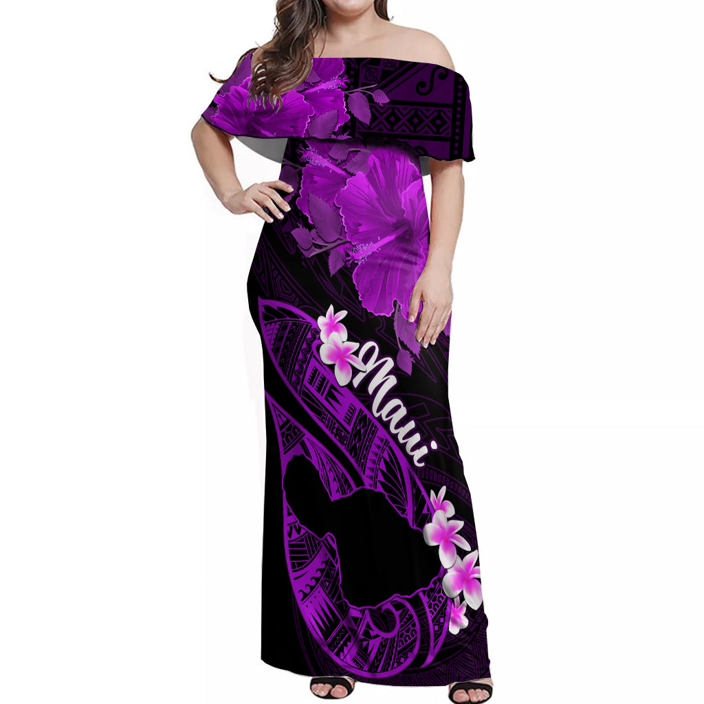 Hawaii Maui Off Shoulder Maxi Dress Polynesian Fish Hook Hibiscus Purple Version LT05 Women Purple - Polynesian Pride