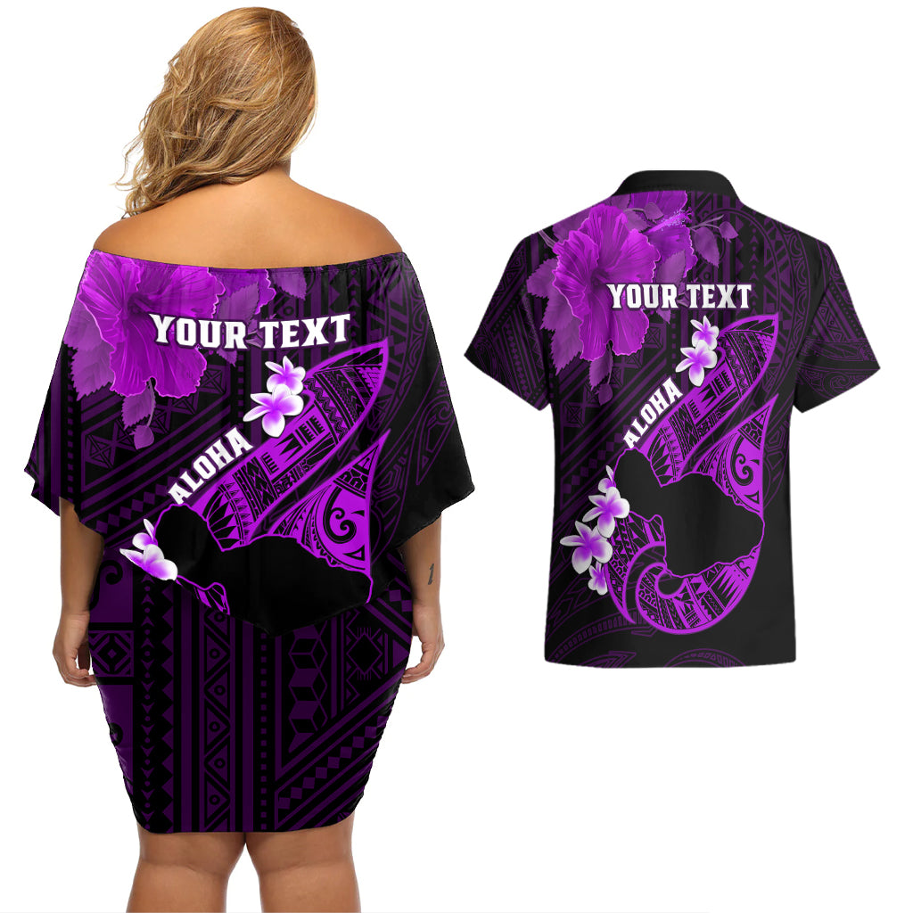 Personalized Hawaii Maui Couples Matching Off Shoulder Short Dress and Hawaiian Shirt Polynesian Fish Hook Hibiscus Purple Version LT05 - Polynesian Pride