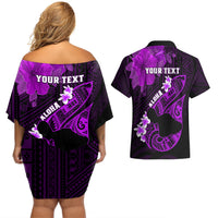 Personalized Hawaii Maui Couples Matching Off Shoulder Short Dress and Hawaiian Shirt Polynesian Fish Hook Hibiscus Purple Version LT05 - Polynesian Pride
