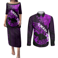 Personalized Hawaii Maui Couples Matching Puletasi Dress and Long Sleeve Button Shirts Polynesian Fish Hook Hibiscus Purple Version LT05 Purple - Polynesian Pride