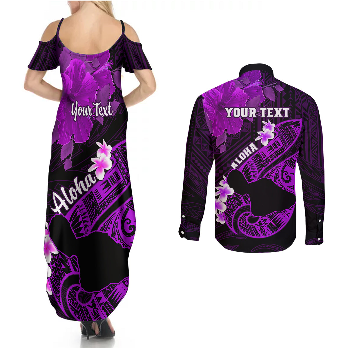 Personalized Hawaii Maui Couples Matching Summer Maxi Dress and Long Sleeve Button Shirts Polynesian Fish Hook Hibiscus Purple Version LT05 - Polynesian Pride