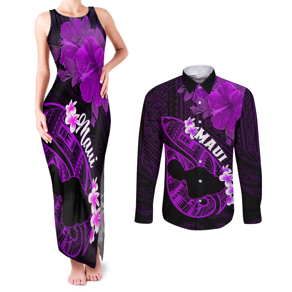 Personalized Hawaii Maui Couples Matching Tank Maxi Dress and Long Sleeve Button Shirts Polynesian Fish Hook Hibiscus Purple Version LT05 Purple - Polynesian Pride