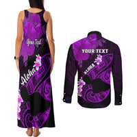 Personalized Hawaii Maui Couples Matching Tank Maxi Dress and Long Sleeve Button Shirts Polynesian Fish Hook Hibiscus Purple Version LT05 - Polynesian Pride