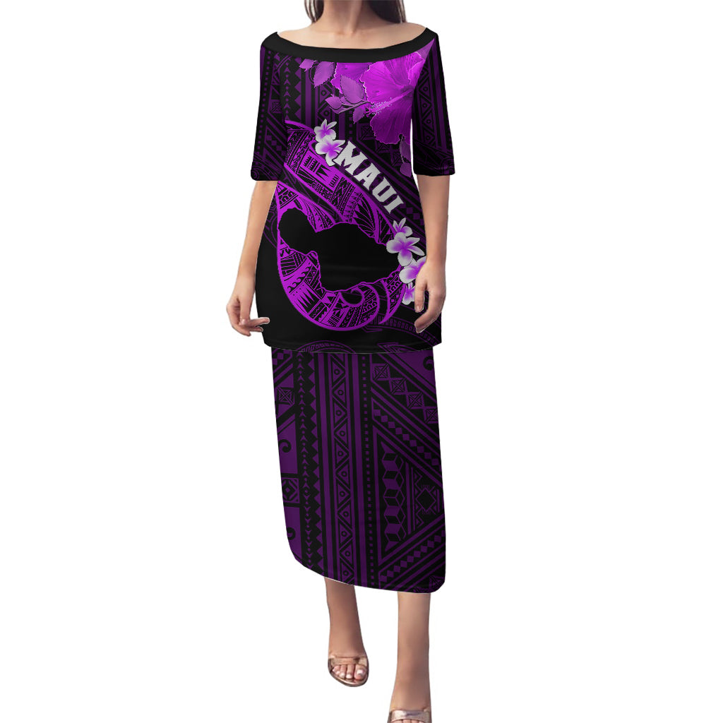Personalized Hawaii Maui Puletasi Polynesian Fish Hook Hibiscus Purple Version LT05 Long Dress Purple - Polynesian Pride