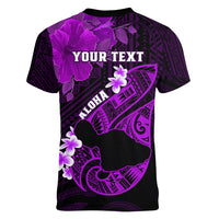 Personalized Hawaii Maui Women V Neck T Shirt Polynesian Fish Hook Hibiscus Purple Version LT05 - Polynesian Pride