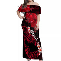 Hawaii Maui Off Shoulder Maxi Dress Polynesian Fish Hook Hibiscus Red Version LT05 Women Red - Polynesian Pride
