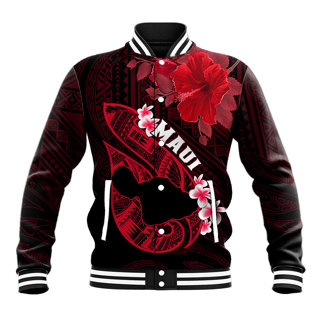 Personalized Hawaii Maui Baseball Jacket Polynesian Fish Hook Hibiscus Red Version LT05 Unisex Red - Polynesian Pride