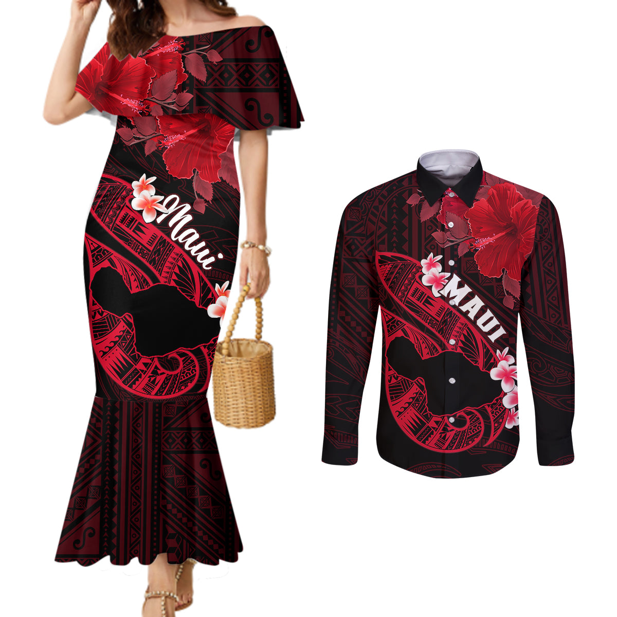 Personalized Hawaii Maui Couples Matching Mermaid Dress and Long Sleeve Button Shirts Polynesian Fish Hook Hibiscus Red Version LT05 Red - Polynesian Pride