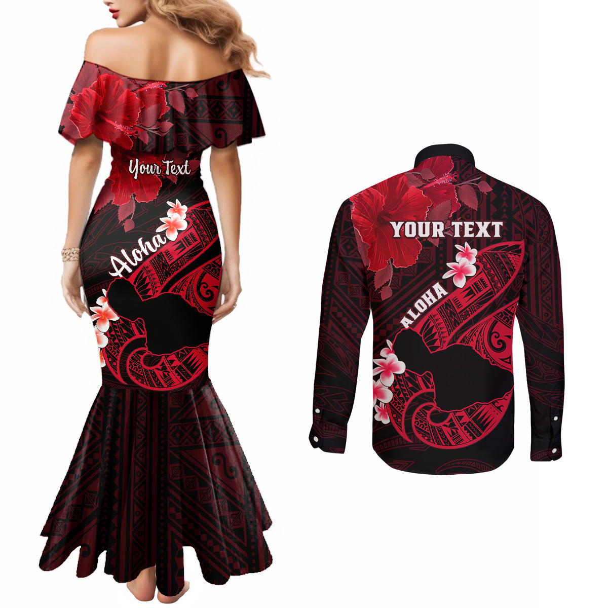 Personalized Hawaii Maui Couples Matching Mermaid Dress and Long Sleeve Button Shirts Polynesian Fish Hook Hibiscus Red Version LT05 - Polynesian Pride