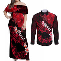 Personalized Hawaii Maui Couples Matching Off Shoulder Maxi Dress and Long Sleeve Button Shirts Polynesian Fish Hook Hibiscus Red Version LT05 Red - Polynesian Pride